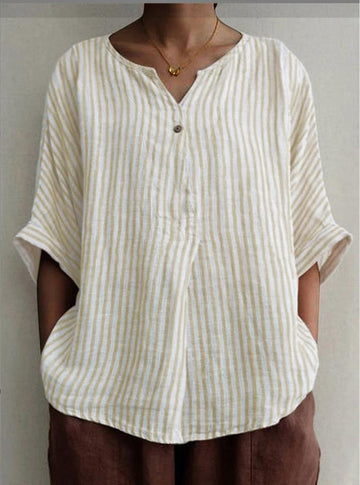 V-neck striped loose short-sleeved cotton and linen shirt casual top