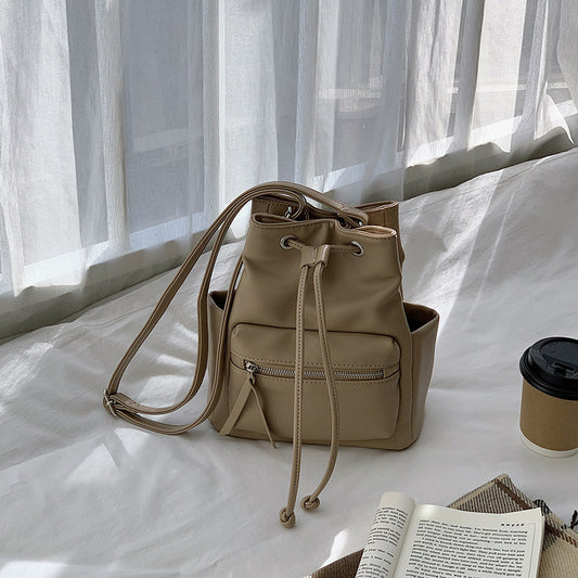 Solid Color Crossbody Soft Leather Bucket Bag