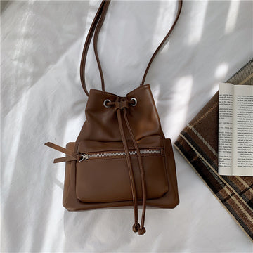 Solid Color Crossbody Soft Leather Bucket Bag