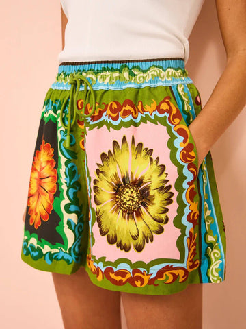 Special Satin Print Elastic Waist Shorts