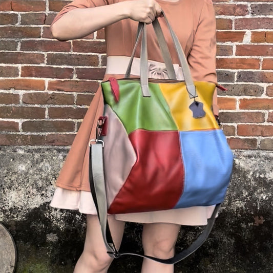 Leather Vintage Handmade Colorblock Tote Crossbody Bag