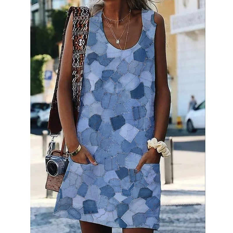 U-neck casual printed pocket dress