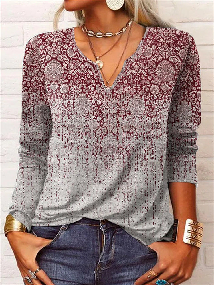 Vintage Print V-Neck Long Sleeve T-Shirt