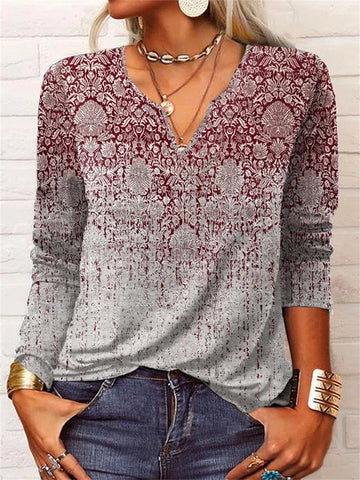 Vintage Print V-Neck Long Sleeve T-Shirt