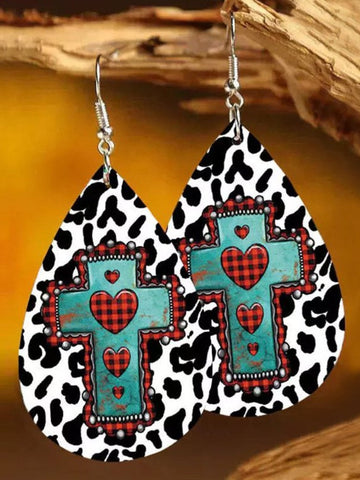 Vintage Western Cross Cow Drop Leather Earrings