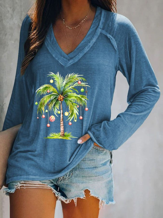 Women's Casual Christmas Palm Tree Print Long Sleeve T-Shirt