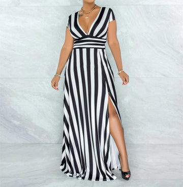 sexy-striped-high-waist-maxi-dress