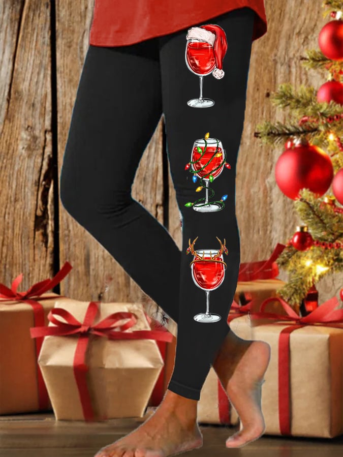 Women's Christmas Wine Glass Print Casual Leggings