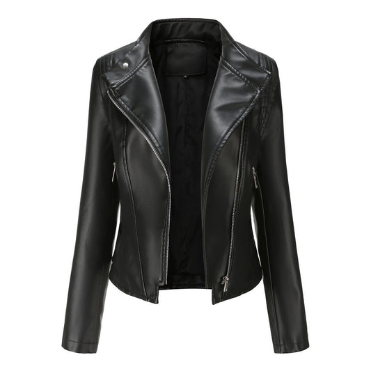 Lapel Ladies Slim Fit PU Leather Jacket