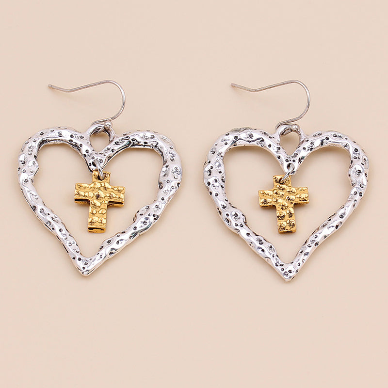 Vintage Cutout Heart Cross Earrings