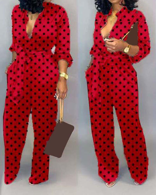 Polka Dot Print Long Sleeve Jumpsuit