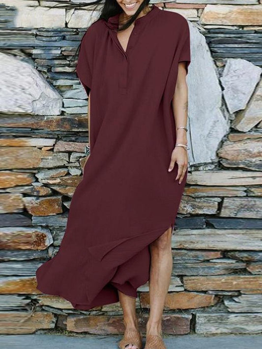 Women's V-Neck Short Sleeve Cotton Linen Dress