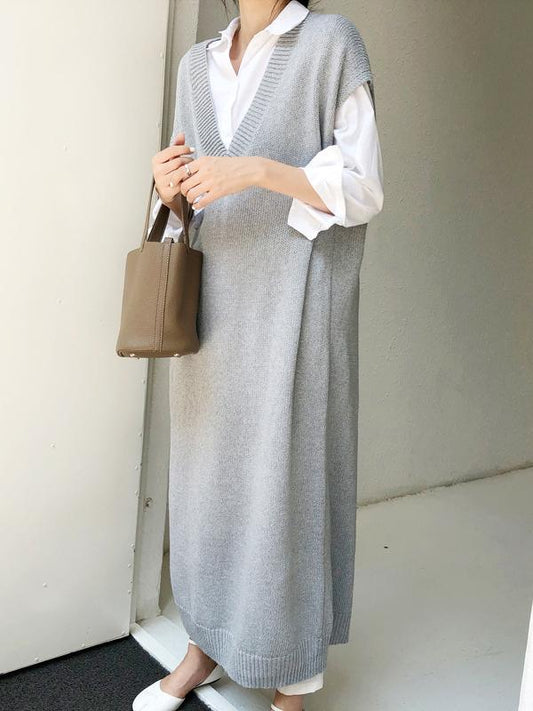 🔥Christmas Sale 🎁🎄-50% OFF-Knitting Loose V-Neck Sleeveless Long Dress