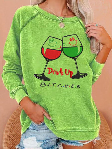 Women'S Christmas Wine Glass Print Crew Neck Sweatshirt