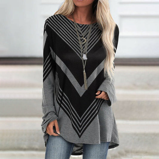 Wisherryy V-Neck Long-Sleeved Geometric Pattern Loose Casual T-Shirt