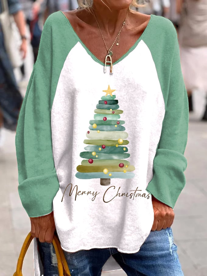 Women's Merry Christmas Tree Printed Raglan Sleeve V-neck Long-sleeved Top