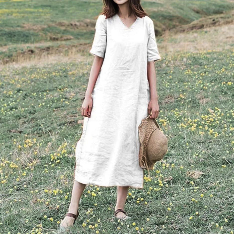 Vintage Plain V Neck Casual Short Sleeve Maxi Dress