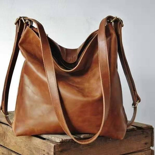 Ladies retro oil-coated wax leather shoulder bag large-capacity soft leather soft cross-body bag