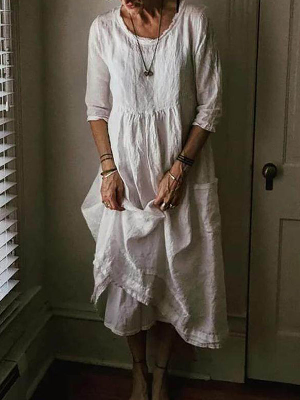 Linen Blend 3/4 Sleeve Crew Neck Dress