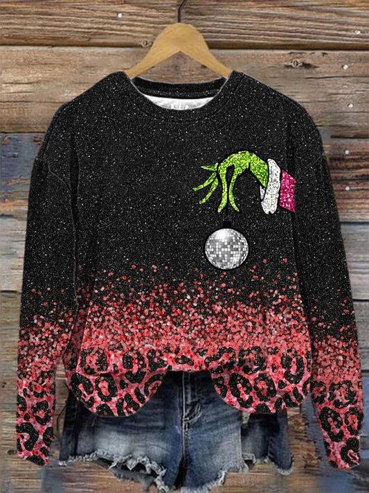 Women's Sequin Chrsitmas Green Hand Crew Neck Sweatshirt