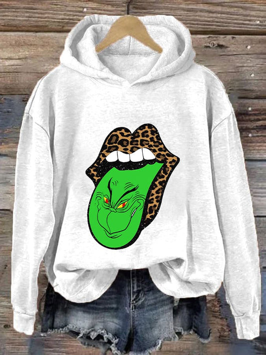 Women's Christmas Green Furry Monster Print Casual Hooded Sweatshirt