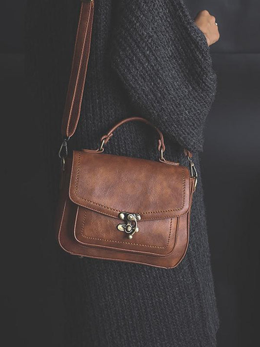 Vintage Unique Buckle Washed Leather Bag