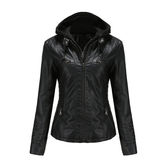 Women's Faux Leather Bomber Zip-Up Hooded Jacket