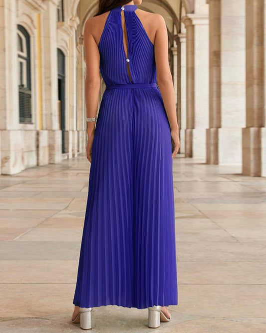 Halterneck Pleated Wide-leg Jumpsuit