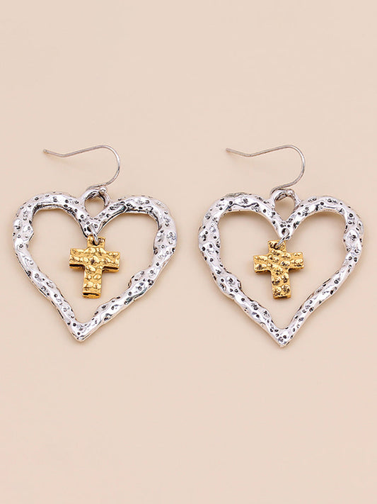 Vintage Cutout Heart Cross Earrings