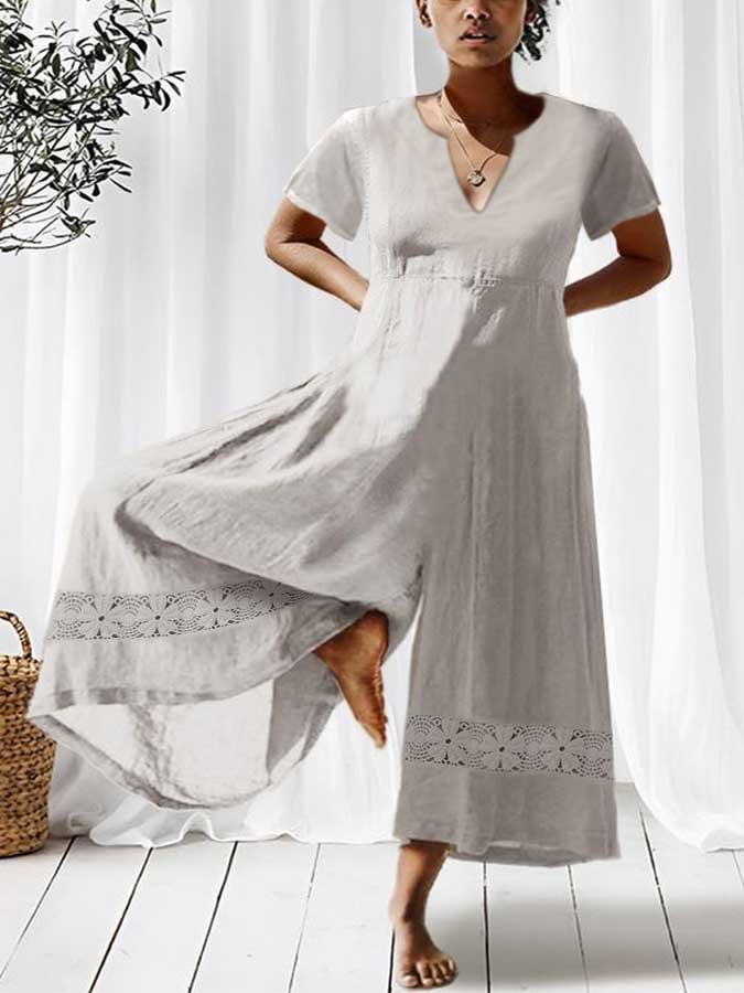 V-Neck Short-Sleeve Cotton Linen Lace Stitching Jumpsuit