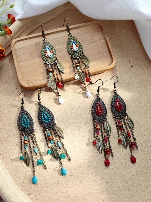 Retro Leaf Bead Tassel Water Drop Shaped Earrings