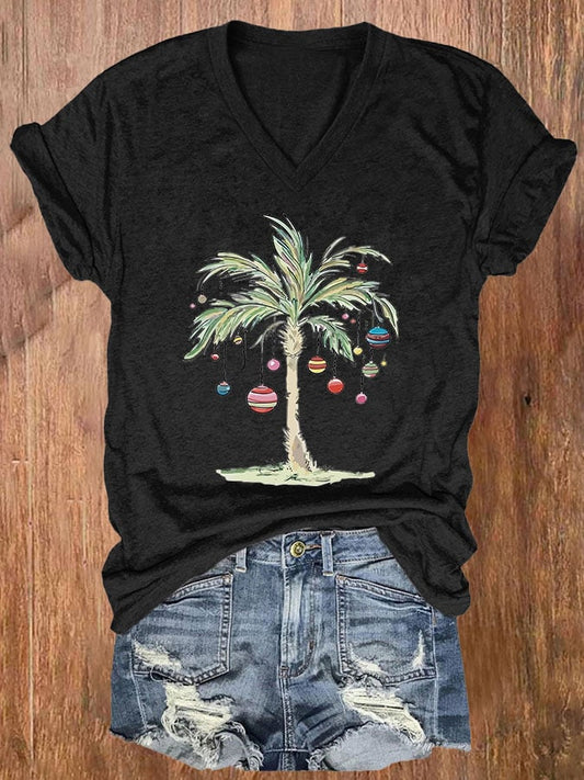 Women's Casual Merry Christmas From Coconut Tree Printed Short Sleeve T-Shirt