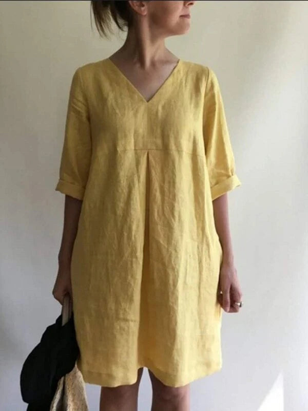 Women's V-neck Solid Color Cotton And Linen Loose Dress