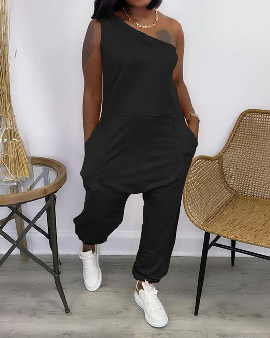 Oblique Shoulder Off-the-shoulder Pocket Jumpsuit