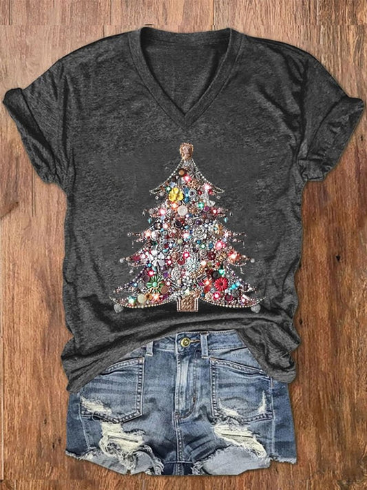 Women's Shiny Christmas Tree Graphic Casual V-Neck Tee