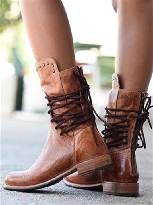 Wisherryy Vintage Washed Studded Laced Boots