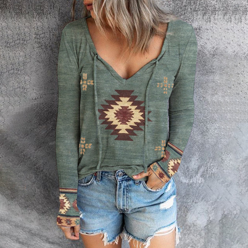 Western Ethnic Print Casual Long Sleeve T-Shirt