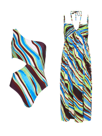 Abstract Geometric Print One Piece Swimsuit And Beach Dress