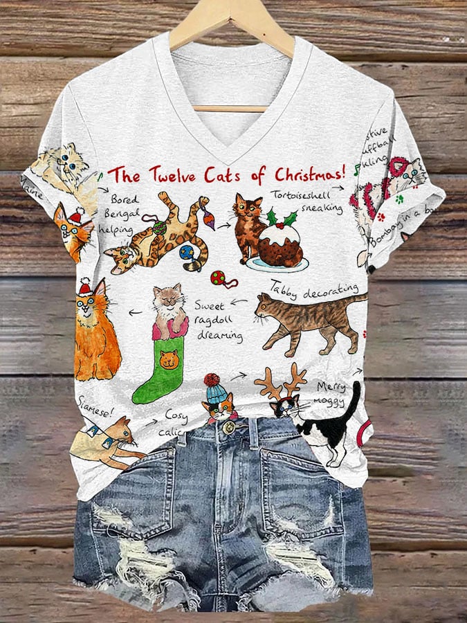 Women's The Twelve Cats Of Christmas V Neck T-Shirt