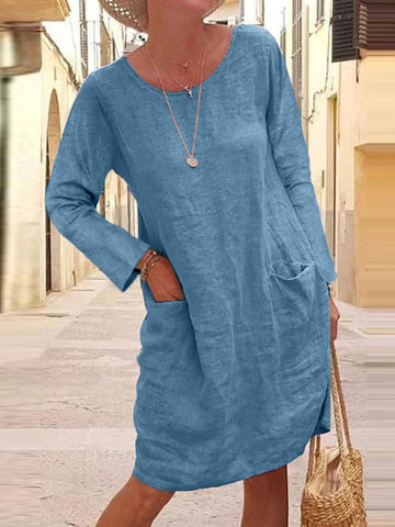 Women's Solid Color Pocket Long Sleeve Round Neck Cotton Linen Dress