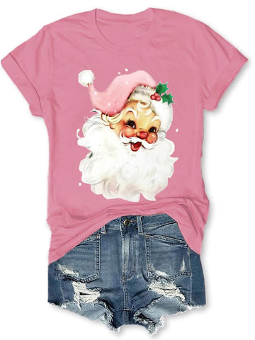 Christmas Retro Pink Santa Print T-Shirt