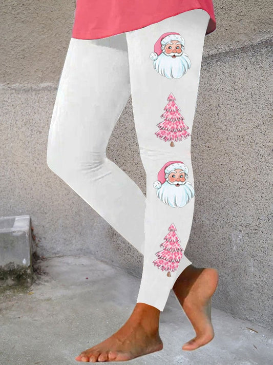 Women's Pink Santa Claus Christmas Tree Print Stretch Leggings