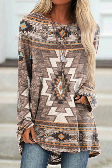 Western Print Crew Neck Long Sleeve Casual Tunic