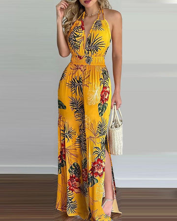 Printed Halter Sexy Halter Slit Jumpsuit