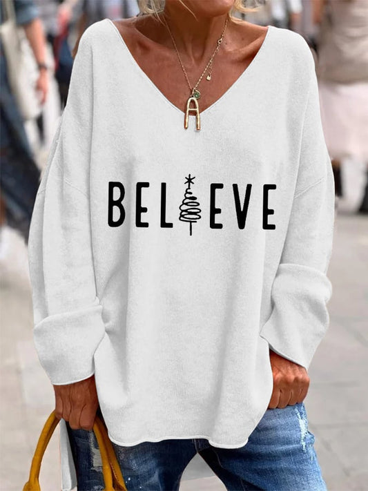 Women's Christmas Tree Believe Print V-Neck Long Sleeve Top