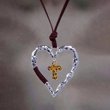 Cutout Heart Cross Leather Rope Necklace