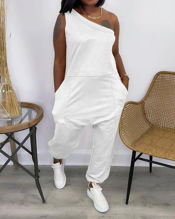 Oblique Shoulder Off-the-shoulder Pocket Jumpsuit