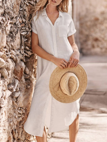 Casual Solid Color Cotton And Linen Dress