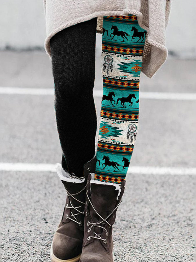 Western Horses Aztec Pattern Contrast Leggings