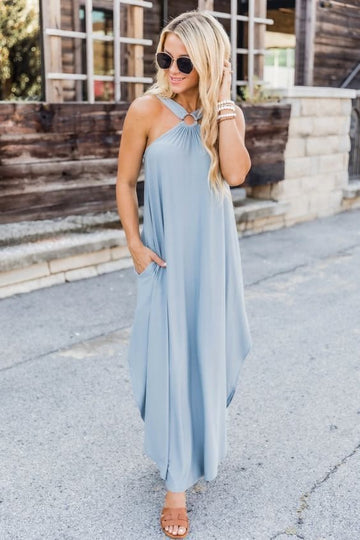 Off Shoulder Casual Comfort Halter Maxi Dress with Pockets